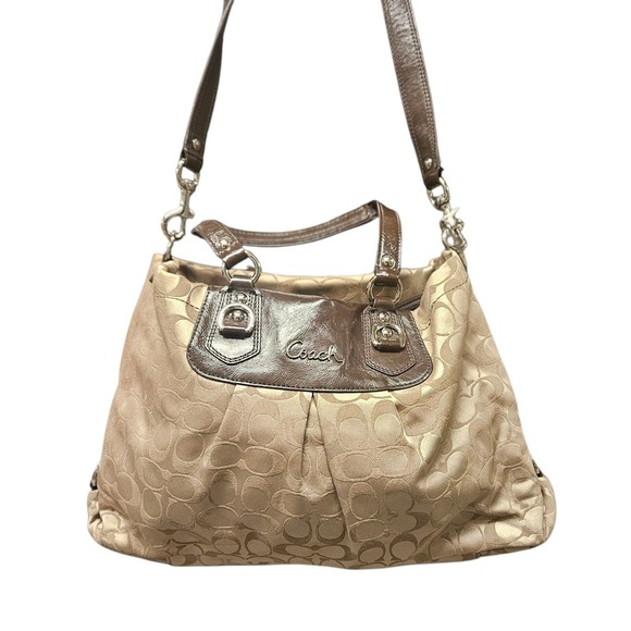 Coach Vintage Signature Satin Shoulder Bag Bronze Metallic Leather Trim - Picture 1 of 9